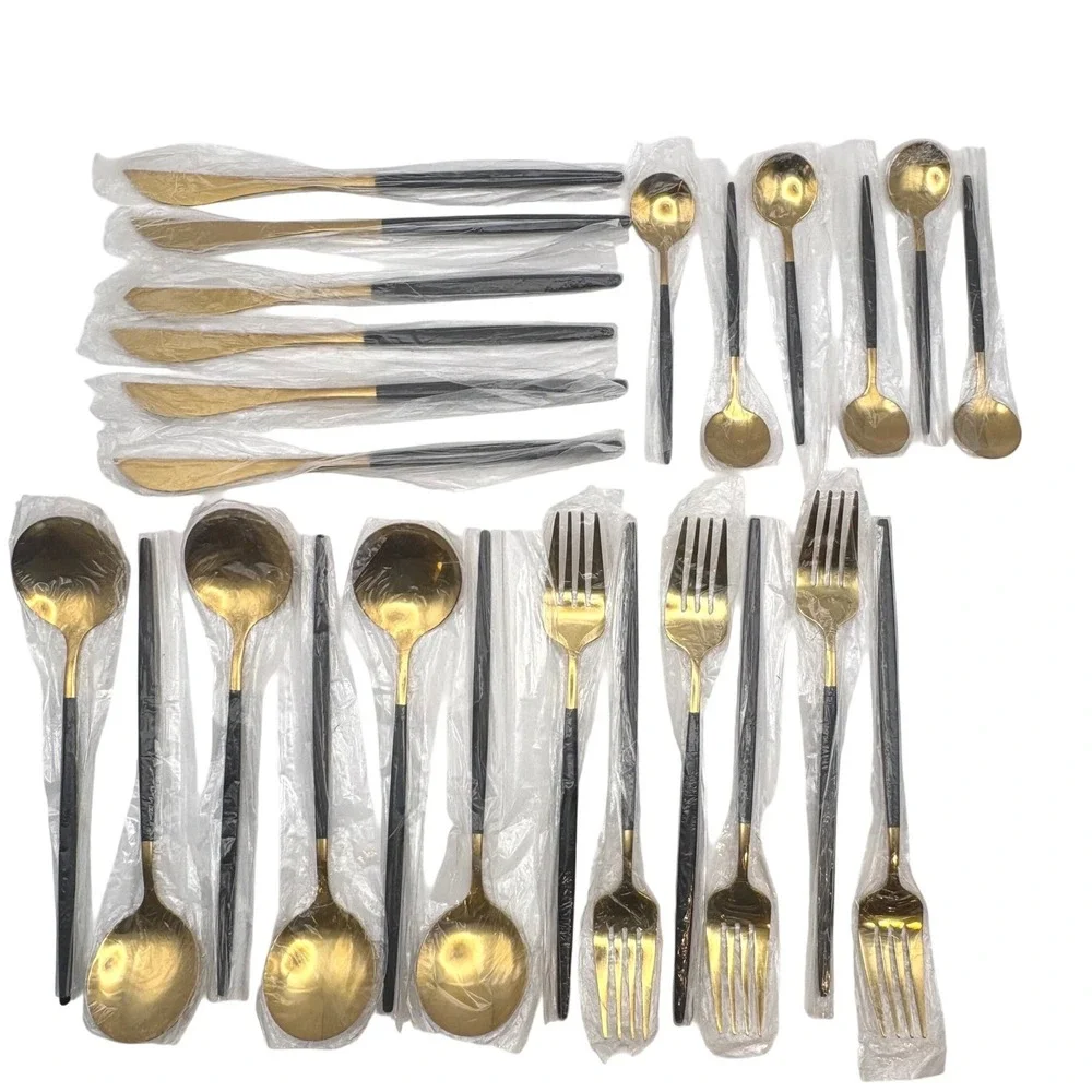 24pc Stainless Steel Flatware Set Matte Gold Black Handles Silverware Service 6
